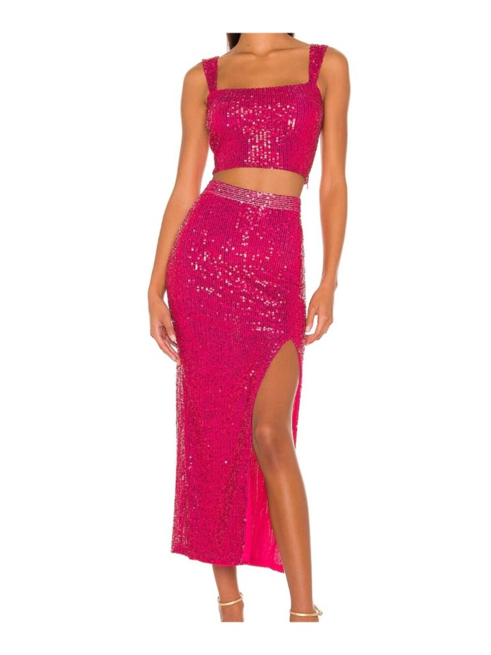 SAYLOR the Brinkley Set pink sequin skirt set side slit size small mesh stretch